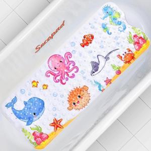 imageBaby Bath Mat for Tub for Kids 40in x 16in Non Slip Cartoon Bath Tub Shower Mat Anti Slip with Drain Holes and Suction Cups Machine Washable 26 AlphabetPink Octopus