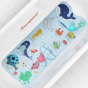 imageBaby Bath Mat Cartoon Kids Bathtub Mat Non Slip for Toddler Bath Shower Anti Slip 40In X 16In with Drain Holes and Suction Cups Machine Washable Pink Sea AnimalsBlue Sea Animals